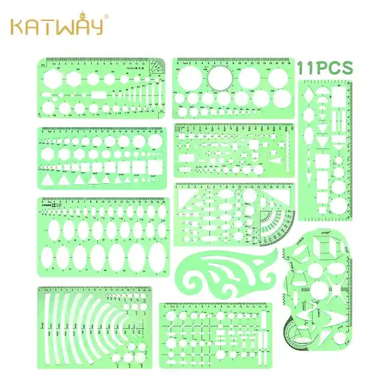 11-Piece Multi-purpose Curve Nut Drawing Template Set Ruler, HH-DS06